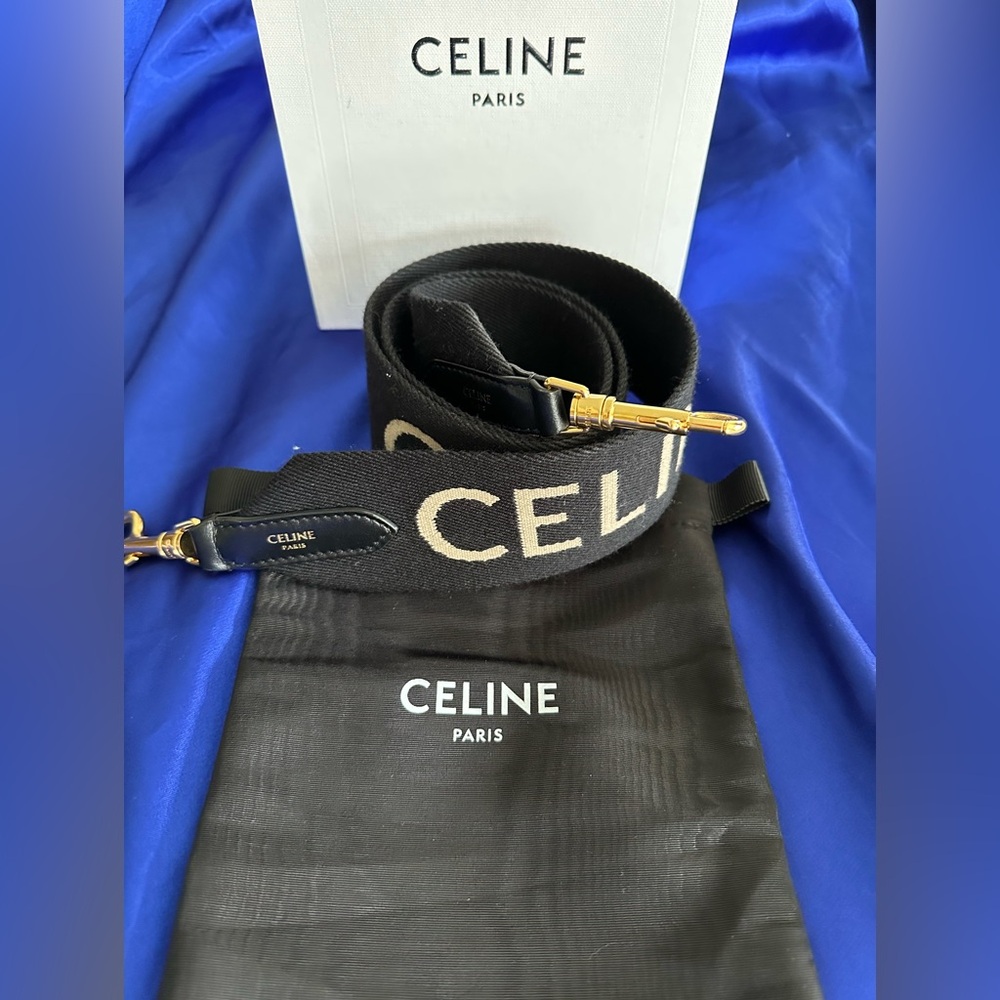 Authentic Long Celine Black and Cream Logo Strap